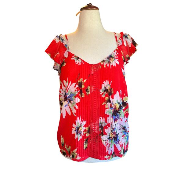 Miss Me Cold Shoulder Red Floral Top | Size M | Adjustable Straps | Boho Vibe - Picture 7 of 12